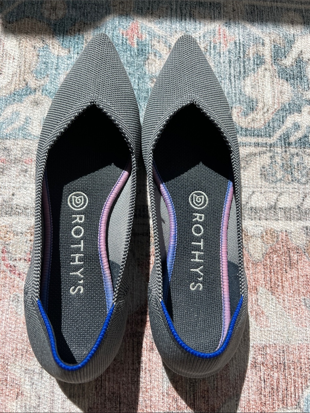 Rothy's Pointed Knit Flats in Gray with Blue & Pink Trim